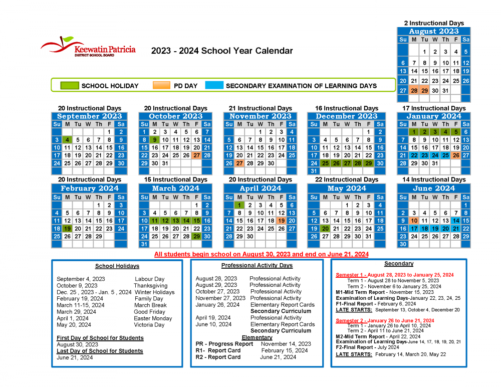 School Year Calendar Keewatin Patricia District School Board